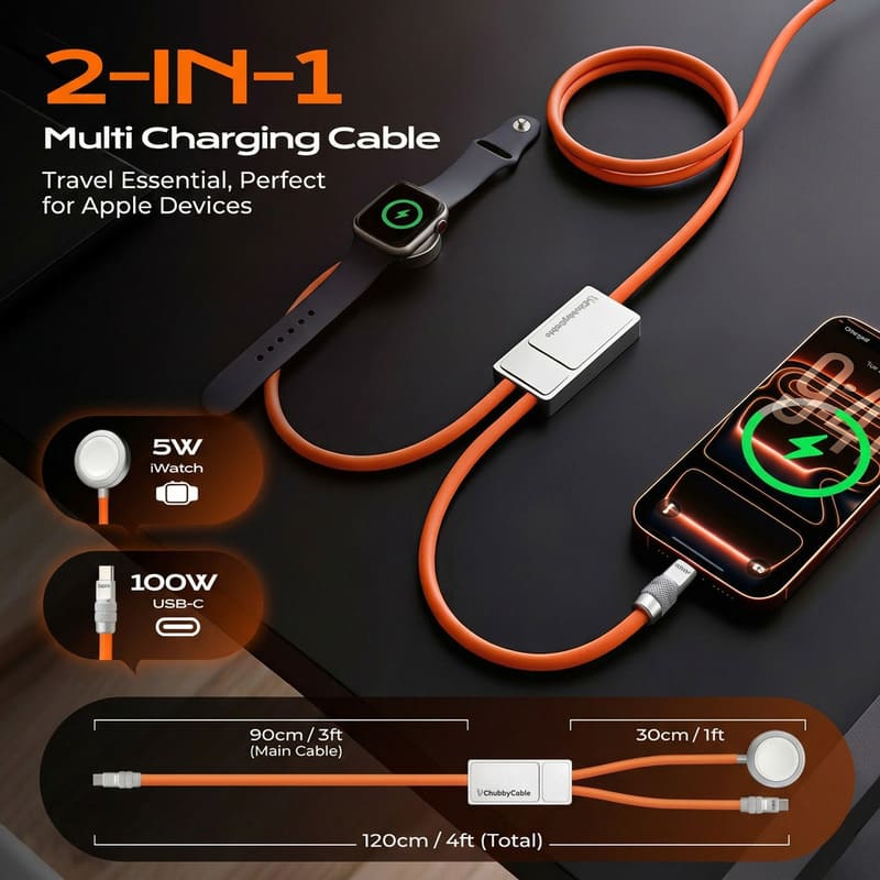 REZNIKA Duo-Core Flex™ 2-in-1 USB-C to 100W USB-C & 5W Apple Watch Charging Cable - Image 2