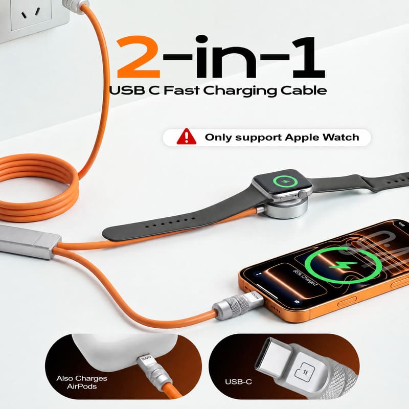 REZNIKA Duo-Core Flex™ 2-in-1 USB-C to 100W USB-C & 5W Apple Watch Charging Cable - Image 4