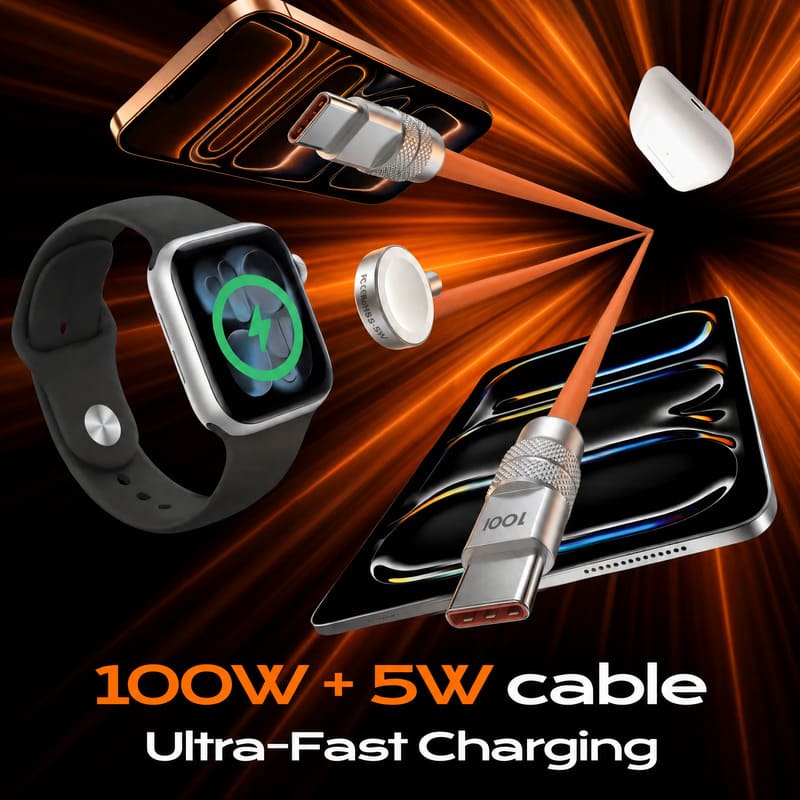 REZNIKA Duo-Core Flex™ 2-in-1 USB-C to 100W USB-C & 5W Apple Watch Charging Cable - Image 10