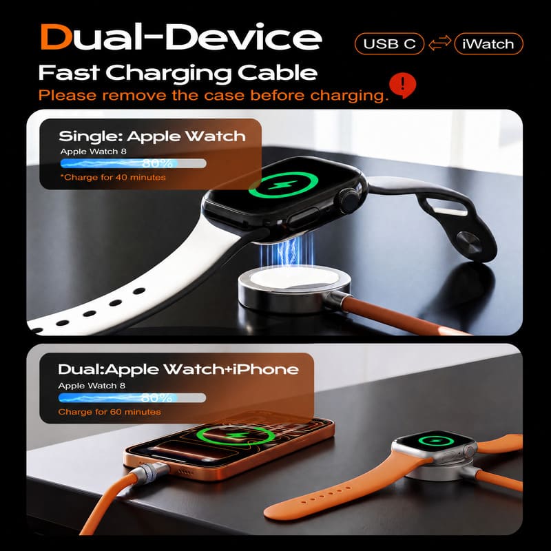 REZNIKA Duo-Core Flex™ 2-in-1 USB-C to 100W USB-C & 5W Apple Watch Charging Cable - Image 6